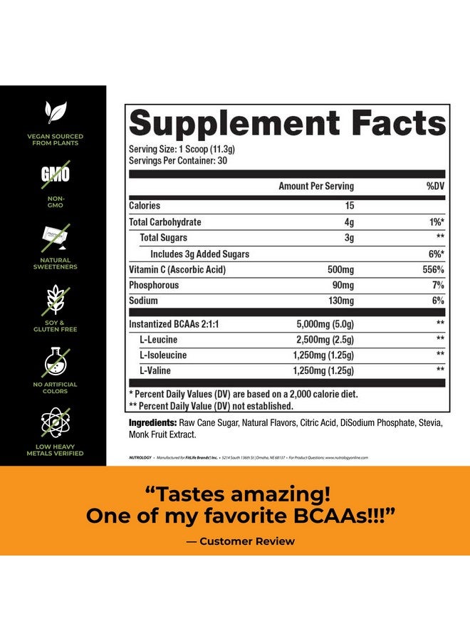 نوترولوجي مسحوق Bcaa الطبيعي النباتي، بنكهة البرتقال وجوز الهند، مسحوق أحماض أمينية محسّن بنسبة 2:1:1، مشروب للتعافي بعد التمرين، مسحوق Bcaa نباتي، خالٍ من الجلوتين، غير معدّل وراثيًا، 30 وجبة - Image 2