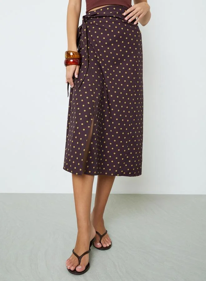 Take Two Womens Brown Polka Dot A-Line Midi Skirt