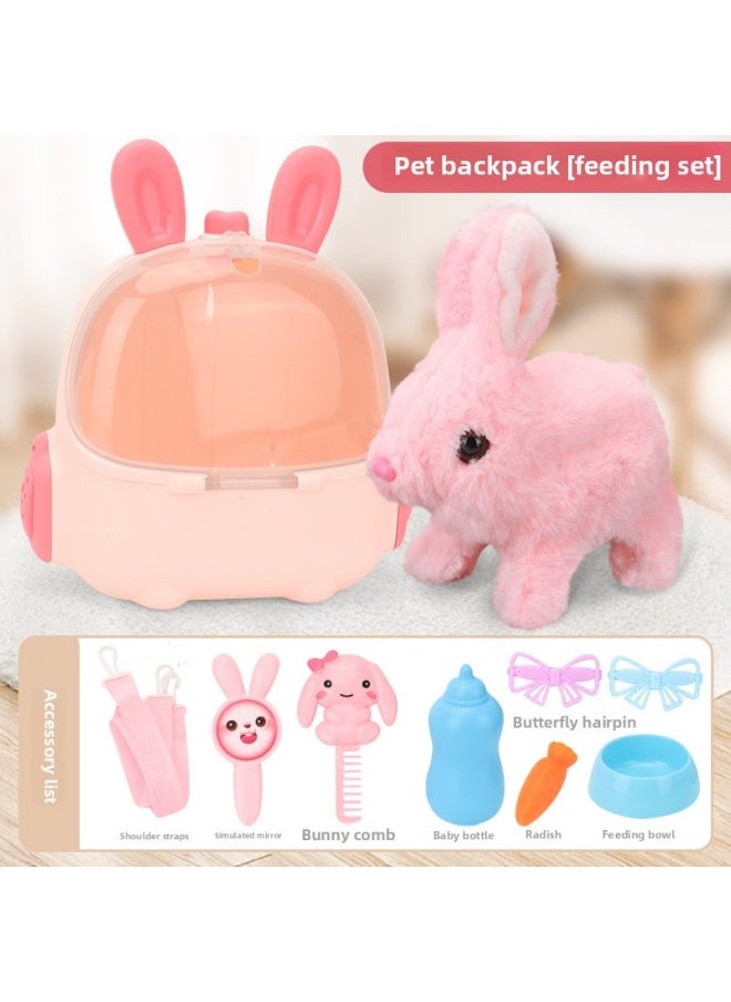 Children's Electric Simulation Backpack Rabbit Will Call Girl Pet Doll Backpack Dog Gift Puzzle Plush Toy-Color:Pink-feeding Set [color Box]  - Image 1