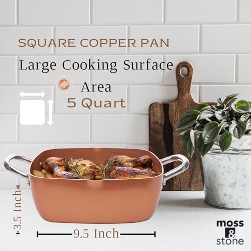 Moss & Stone 5 Pcs Copper Chef Cookware Non Stick Deep Frying Pan, Fry Basket, Steamer Rack, Dishwasher & Oven Safe, 5 Qt Deep Square Pan, Induction Copper Cookware Set - 9.5" x 3.5" - Image 3