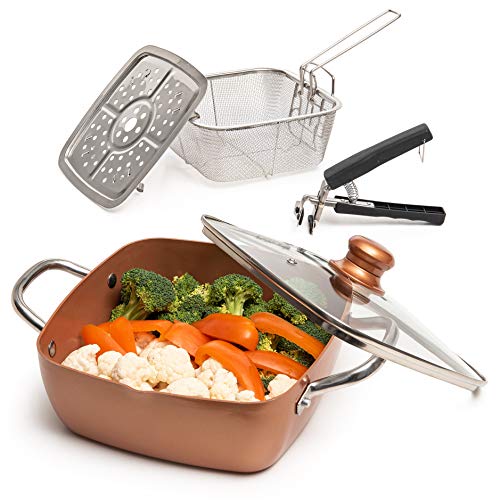 Moss & Stone 5 Pcs Copper Chef Cookware Non Stick Deep Frying Pan, Fry Basket, Steamer Rack, Dishwasher & Oven Safe, 5 Qt Deep Square Pan, Induction Copper Cookware Set - 9.5" x 3.5" - Image 1