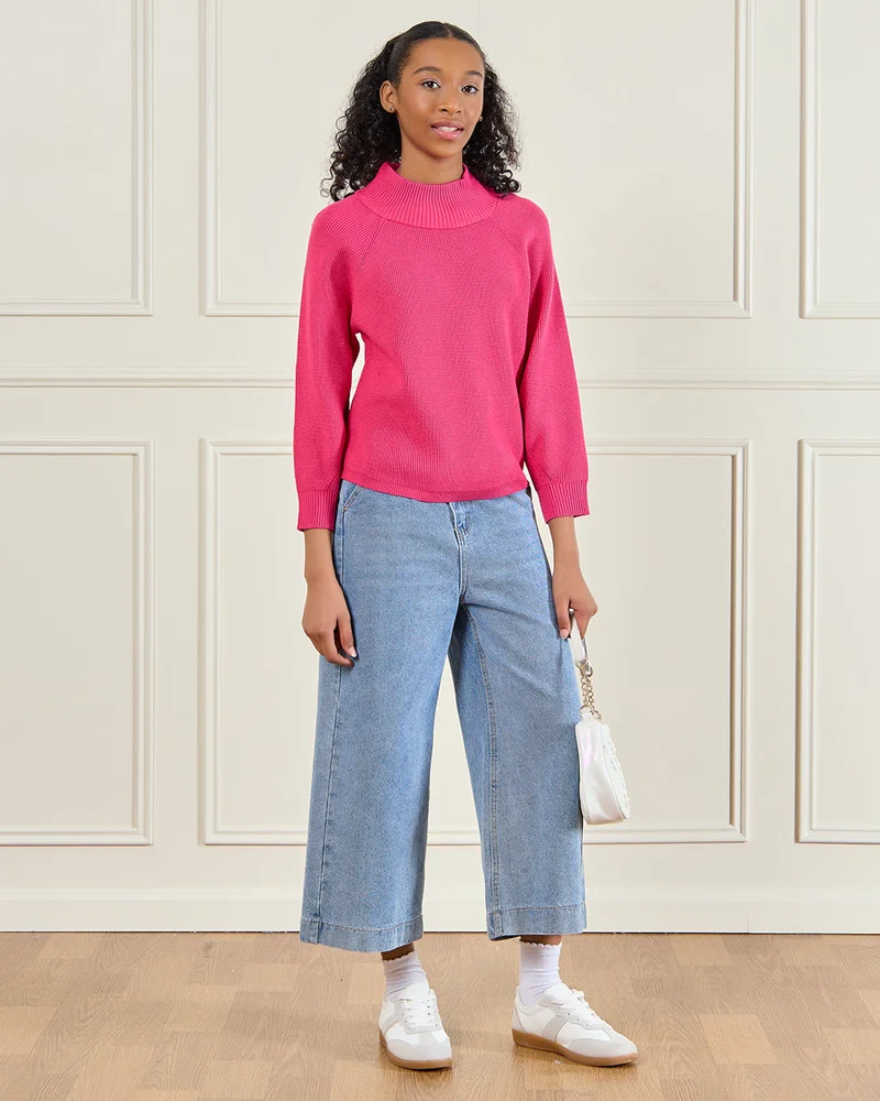 ردتاغ Senior Girls Plain Pink High Neck Pullover