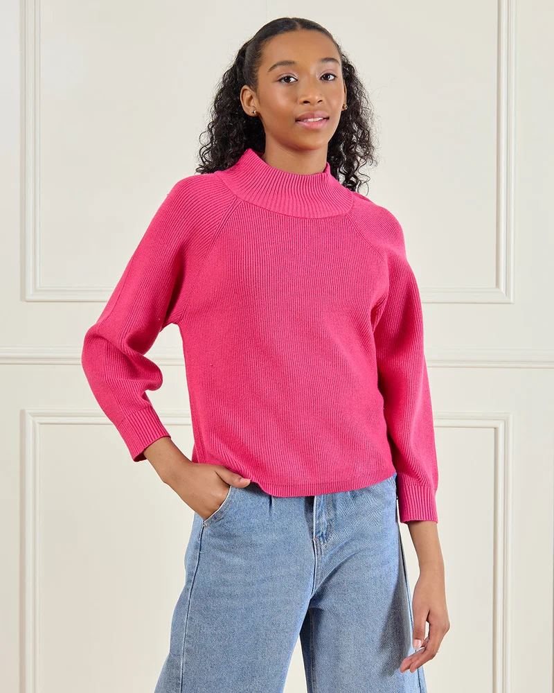 ردتاغ Senior Girls Plain Pink High Neck Pullover