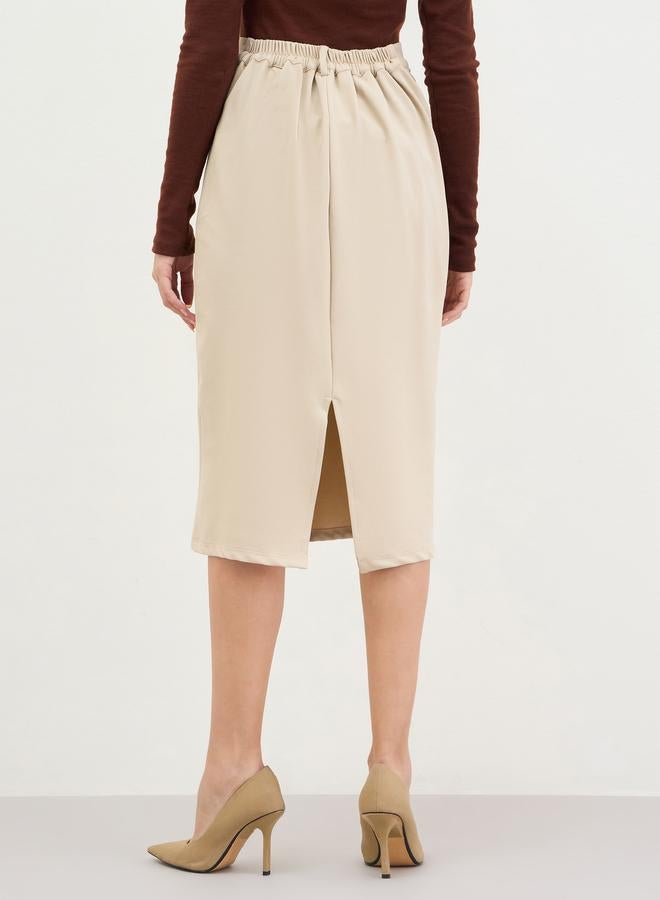 Styli Beige Pencil Midi Skirt with Back Slit - Image 4