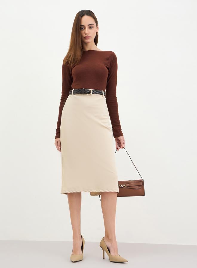 Styli Beige Pencil Midi Skirt with Back Slit - Image 1