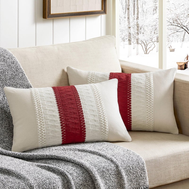 ZeeMart 2 Packs Cotton Boho Lumbar Throw Pillow Covers 12x20 Inch Contrast/Red  Soft Farmhouse Decorative Couch Pillow Cases Red Cushion Covers for Sofa Bed Living Room Home Decor - Image 1