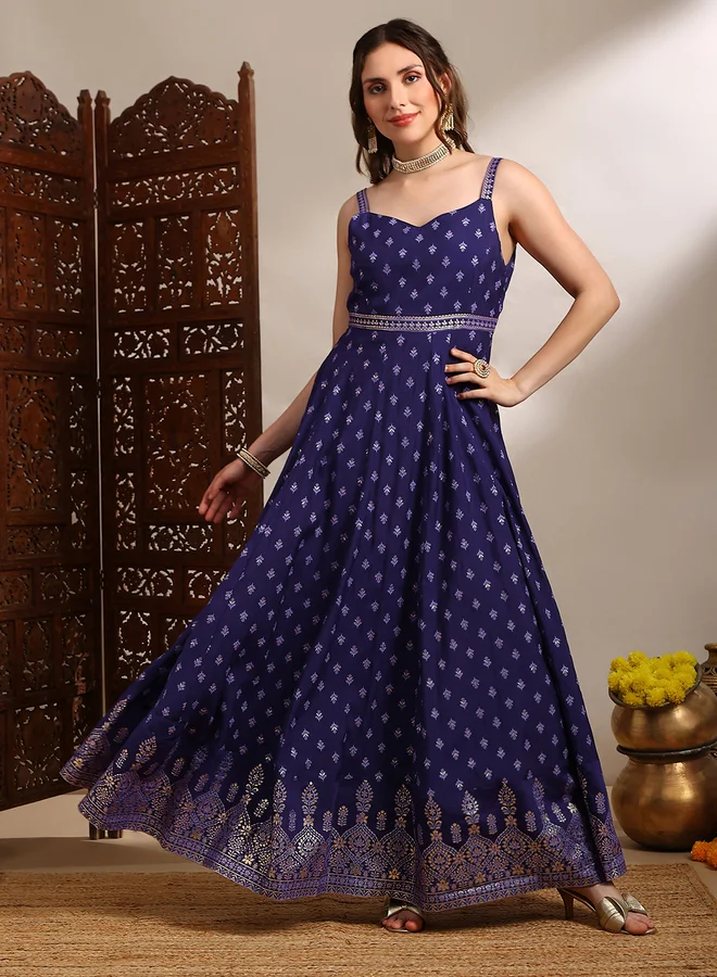 globus Women Purple Gold Foil Print Ethnic Maxi Dress