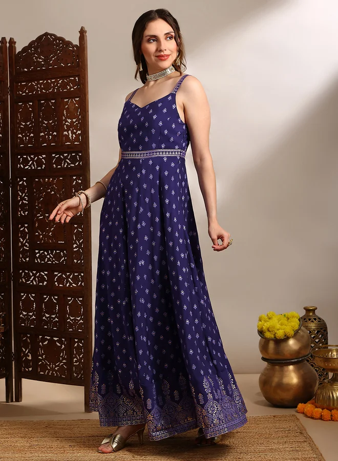 globus Women Purple Gold Foil Print Ethnic Maxi Dress