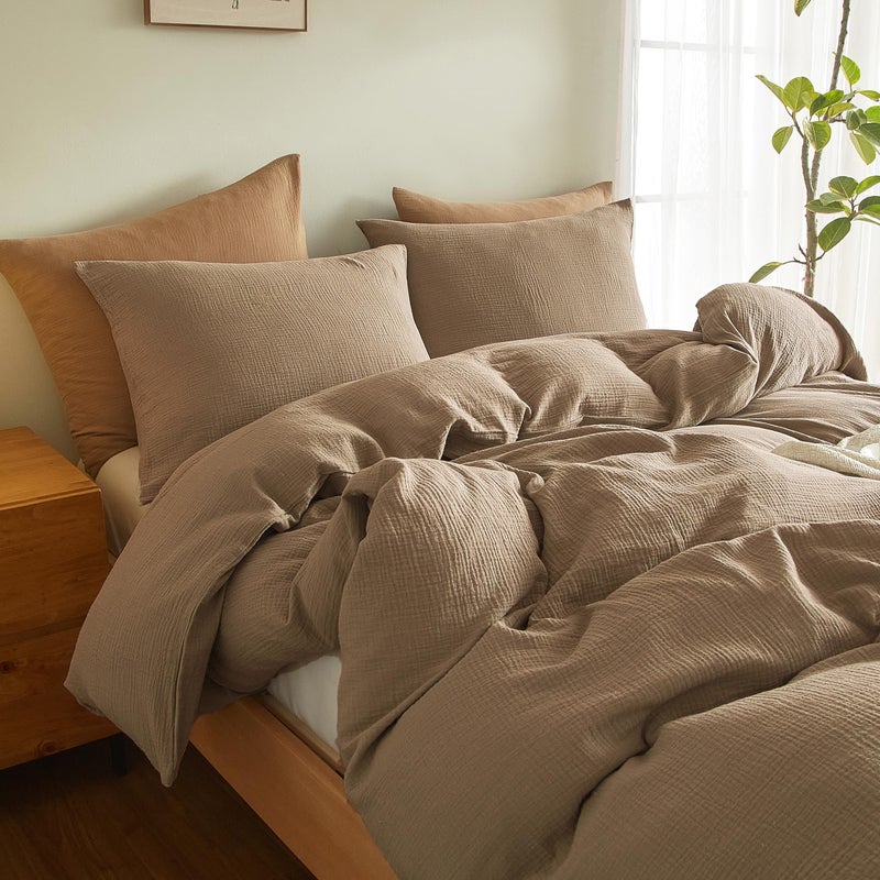 SE SOFTEXLY Muslin Duvet Cover Queen Size, 100% Washed Cotton Duvet Cover Set, Ultra Soft Comforter Cover Linen Like, 3 Pieces Minimalist Gauze Duvet Cover with 2 Pillowcases, 90"x90", Light Brown - Image 4