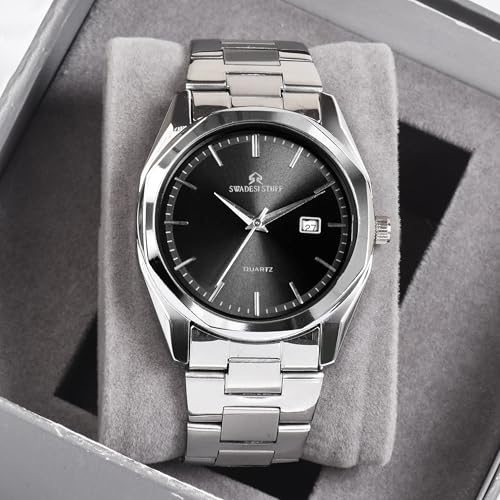 SWADESI STUFF Men's Stylish Black Color Date Display 42mm Hexagon Dial Stainless Steel Silver Strap Analog Watch (Black) - Image 2