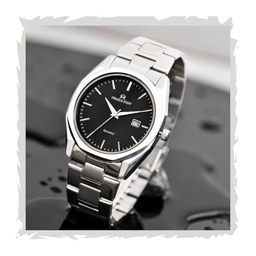 SWADESI STUFF Men's Stylish Black Color Date Display 42mm Hexagon Dial Stainless Steel Silver Strap Analog Watch (Black) - Image 1