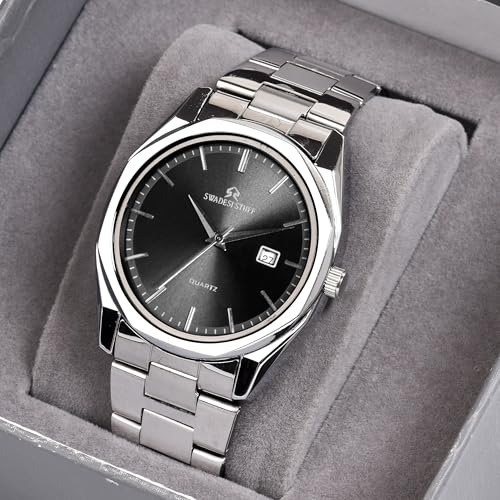 SWADESI STUFF Men's Stylish Black Color Date Display 42mm Hexagon Dial Stainless Steel Silver Strap Analog Watch (Black) - Image 4
