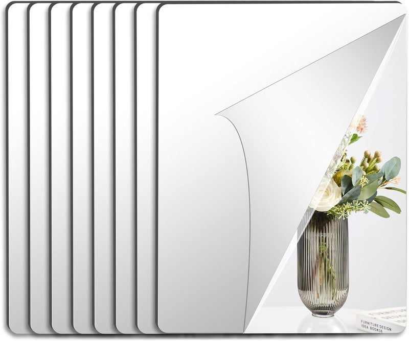 JUNEBRUSHS 8 Pack Self Adhesive Acrylic Mirror, 12x16 Inch Mirror Tiles,Flexible Sheets Wall Stickers, Frameless Small Mirror - Image 1