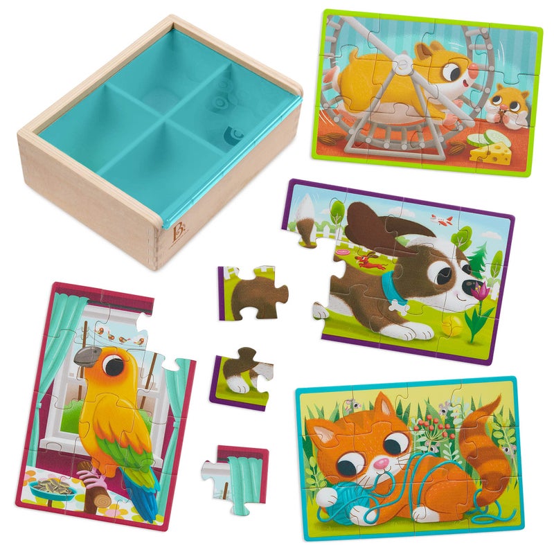 B. Toys مجموعة ألغاز خشبية من B toys 4 ألغاز حيوانات قطة كلب طائر هامستر 12 قطعة ألغاز للأطفال 3 سنوات مجموعة ألغاز الحيوانات الأليفة - Image 3