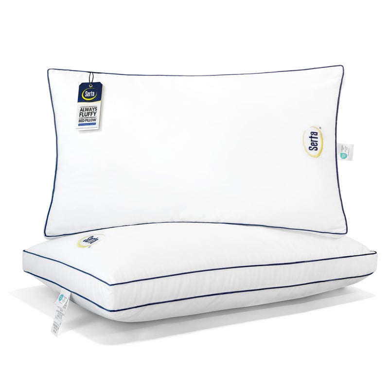 Serta Hotel Collection Bed Pillows King Size Set of 2, 400 Thread Count 100% Cotton Cover, Medium Support Gusseted Down Alternative Pillow for Back, Stomach or Side Sleepers, 18" x 34", White - Image 1