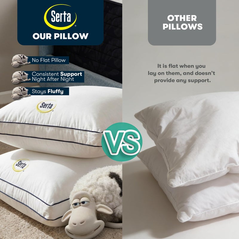 Serta Hotel Collection Bed Pillows King Size Set of 2, 400 Thread Count 100% Cotton Cover, Medium Support Gusseted Down Alternative Pillow for Back, Stomach or Side Sleepers, 18" x 34", White - Image 3