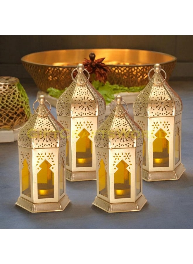 GiftCraftsWorld Elegant Moroccan Lanterns with Lantern Light Lamp and Hanging Lantern Candle Holders for Home Decor Diwali Eid Christmas Festival Gifts (Yellow, Set of 4) - Image 1