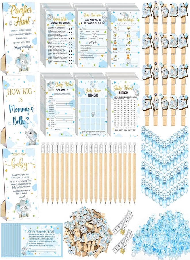 Sherr 476 Pcs Elephant Themed Baby Shower Games 6 Sets Activities Card Pacifier Hunt Game 50 Pacifier How Big Is Mommy's Belly Sign 50 Guessing Card 2 Measuring Tape Don't Say Baby Sign 50 Clothespin - Image 1