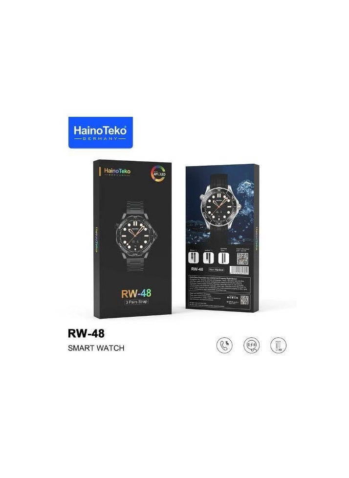 Haino Teko RW-48 1.43-inch high-resolution AMOLED screen. Elegant no Comes in different types of sticks (stainless steel, leather, silicone) Always-on display feature Waterproof rating IP68