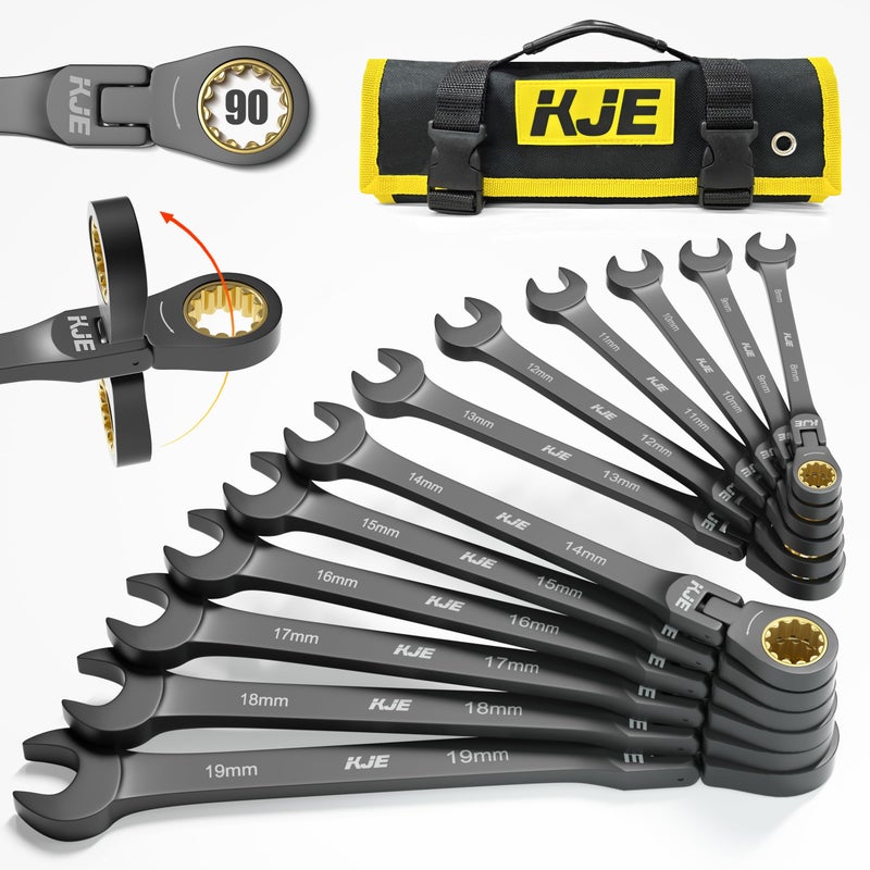 KJE 90-Teeth Metric 180Â° Flex-Head Ratcheting Wrench Set, Cr-V Steel, 12-Piece Metric 8-19mm Combination Wrenches set, Nickel Plating, with Organizer Bag, for Auto, Machine Repair, Father's Day Gift - Image 1