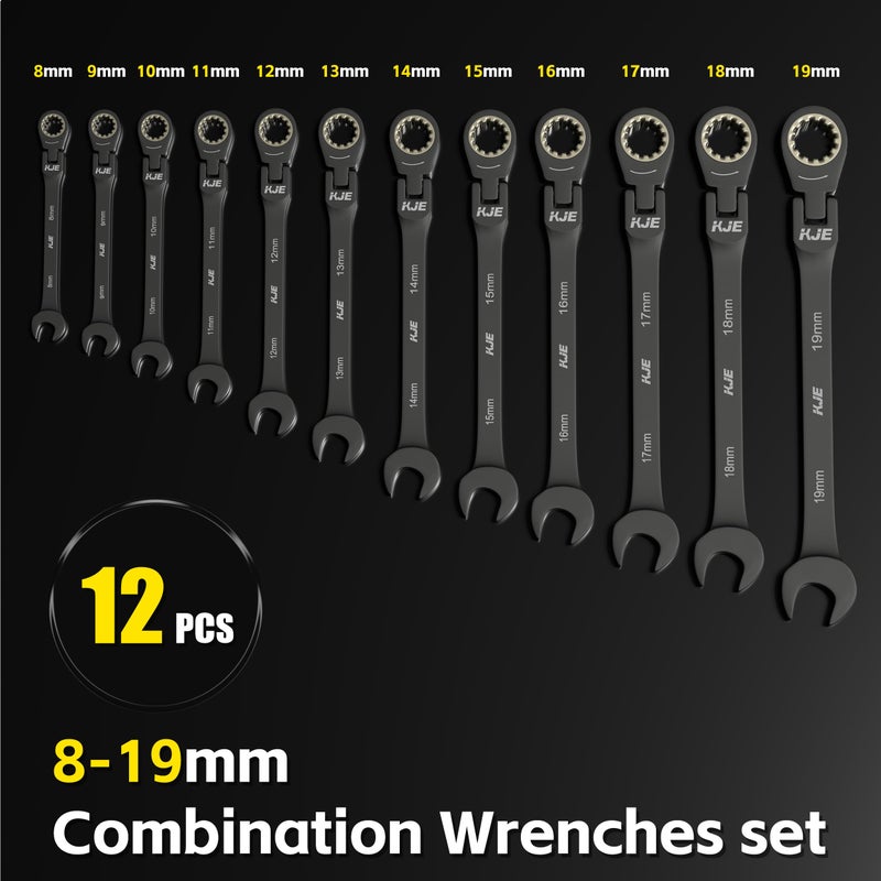 KJE 90-Teeth Metric 180Â° Flex-Head Ratcheting Wrench Set, Cr-V Steel, 12-Piece Metric 8-19mm Combination Wrenches set, Nickel Plating, with Organizer Bag, for Auto, Machine Repair, Father's Day Gift - Image 4