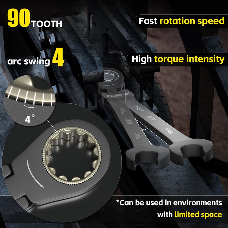 KJE 90-Teeth Metric 180Â° Flex-Head Ratcheting Wrench Set, Cr-V Steel, 12-Piece Metric 8-19mm Combination Wrenches set, Nickel Plating, with Organizer Bag, for Auto, Machine Repair, Father's Day Gift - Image 2