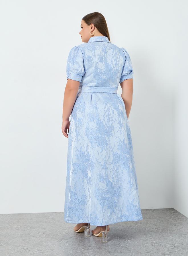 Styli Plus Size Blue Jacquard A-Line Maxi Dress - Image 5