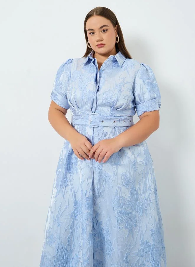 Styli Plus Size Blue Jacquard A-Line Maxi Dress