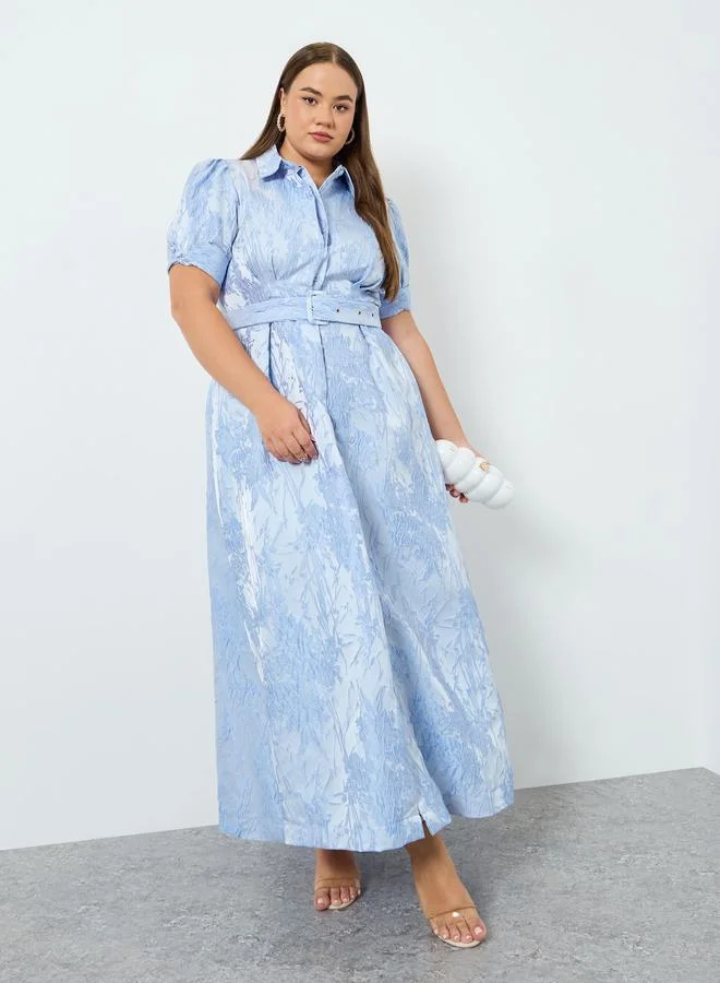 Styli Plus Size Blue Jacquard A-Line Maxi Dress