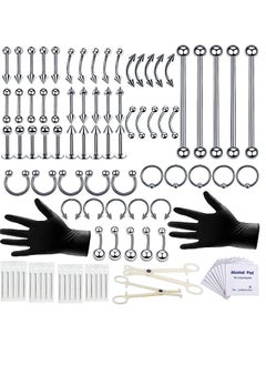 Piercing Kit 14G, 100Pcs 16G Nose Septum Rings Piercing Jewelry for Ear Lip Belly Button Tongue Tragus Cartilage Body Piercing Tools Kit with Piercing Needle Silver