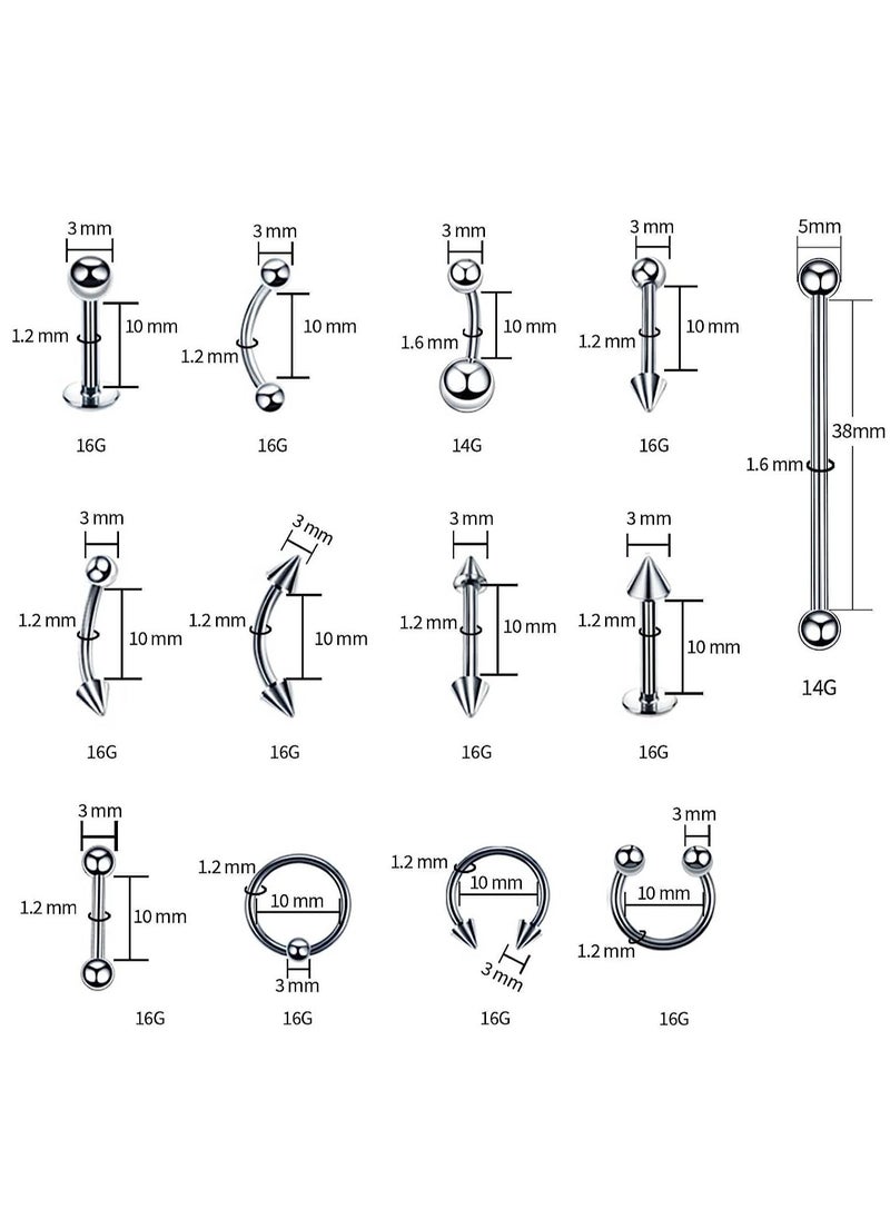 SYOSI - Piercing Kit 14G, 100Pcs 16G Nose Septum Rings Piercing Jewelry for Ear Lip Belly Button Tongue Tragus Cartilage Body Piercing Tools Kit with Piercing Needle Silver - Image 1