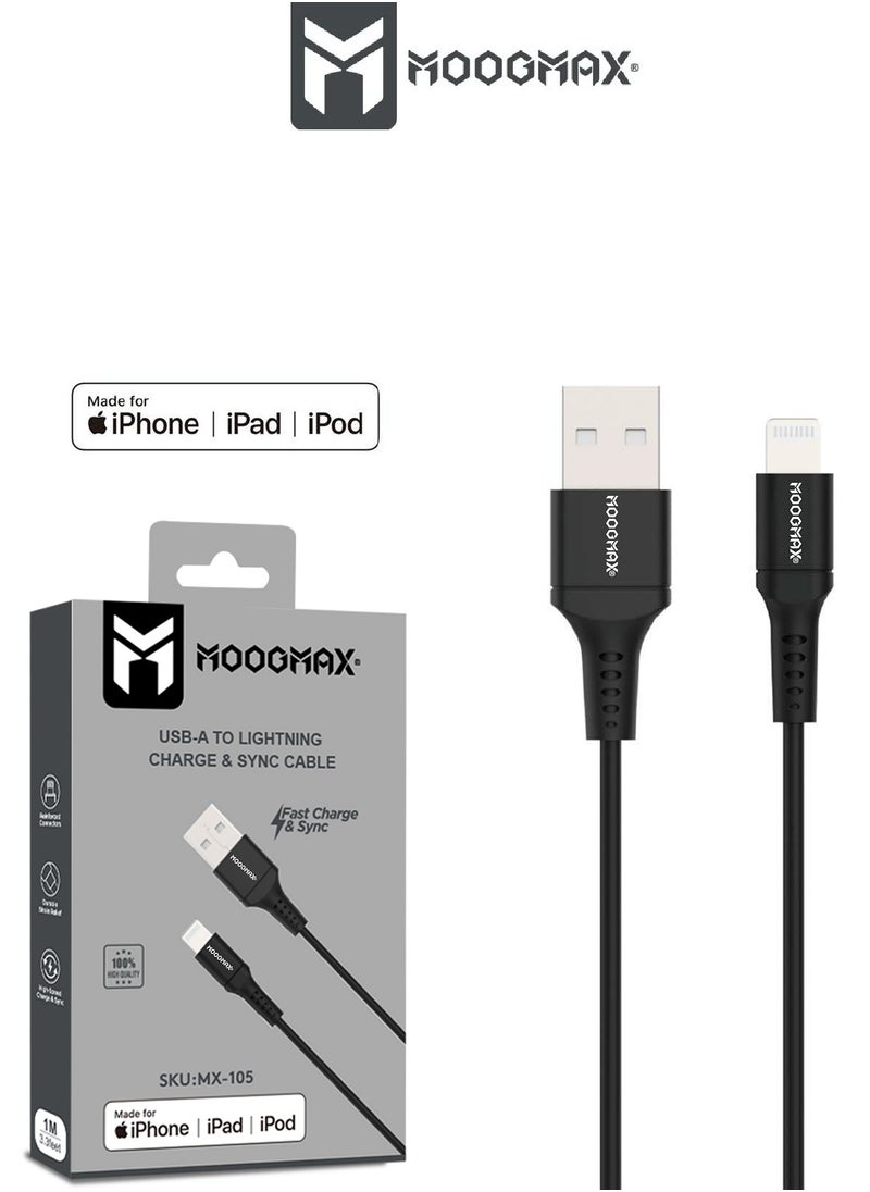 MOOGMAX - Iphone lightning to USB-A charging and sync Cable, certified by Apple (MFI), 1 meter long and extremely durable, supports fast charging, suitable for iPhone phones up to iPhone 14 Pro Max. In black - Image 1
