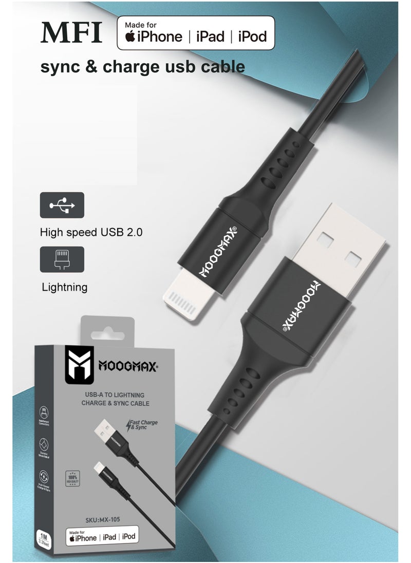 MOOGMAX - Iphone lightning to USB-A charging and sync Cable, certified by Apple (MFI), 1 meter long and extremely durable, supports fast charging, suitable for iPhone phones up to iPhone 14 Pro Max. In black - Image 1