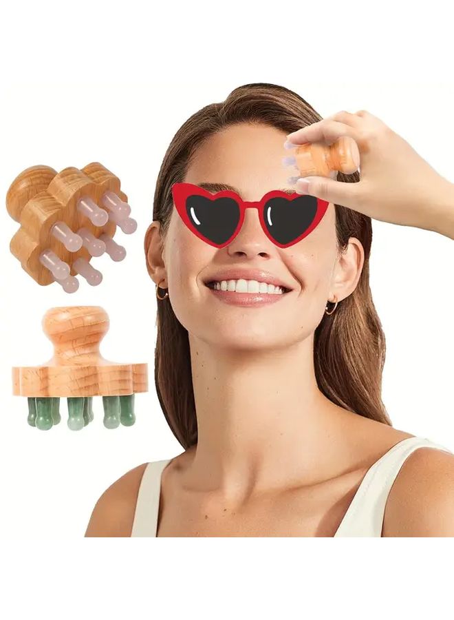 White Crystal Jade Massage Head With Wooden Handle Scalp Massager Gua Sha Body Acupoint Tool - Image 1