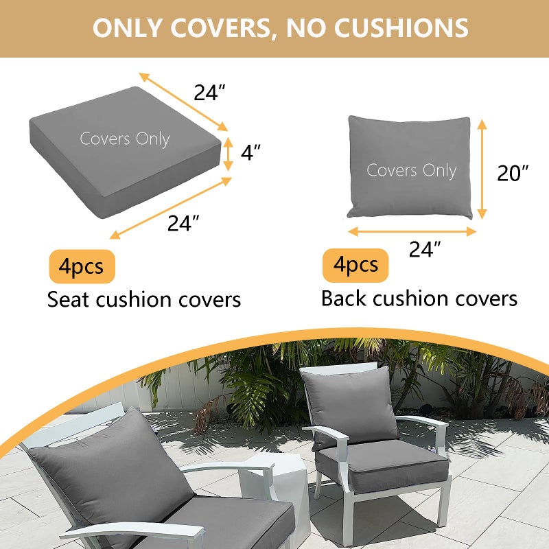 Oslimea Patio Cushion Covers Replacement Set of 4, Water UV Resistant Outdoor Cushion Slipcovers with Zipper Chair Seat Cushion Covers for Outdoor Furniture (24 x 20 Inch, 24 x 24 x 4 Inch, Grey) - Image 2