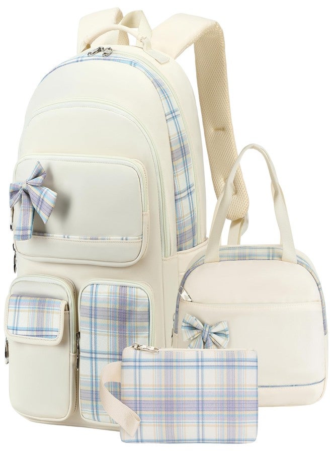 KIDNUO Girls Backpack,3pcs Backpacks with Lunch Box Pencil Case Set 15.6 Inch Laptop Bag Kids Kindergarten School Bookbag, Off-white, Large, Modern - Image 1