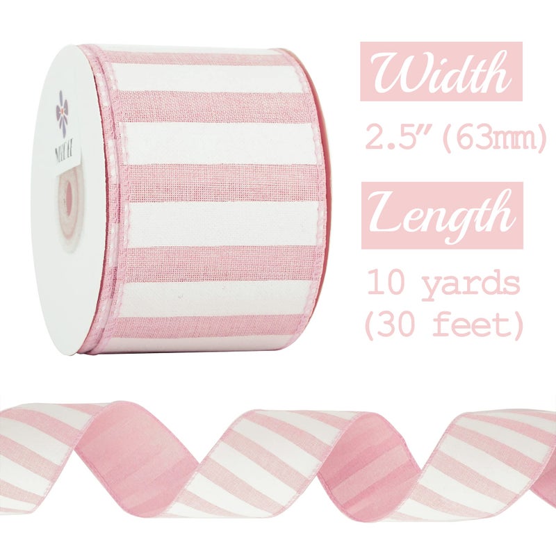 MEEDEE Pink Striped Burlap Ribbon - 2.5 Inch Wired Ribbon for Baby Girl Wreaths & Cakes, 10 Yards - Image 2