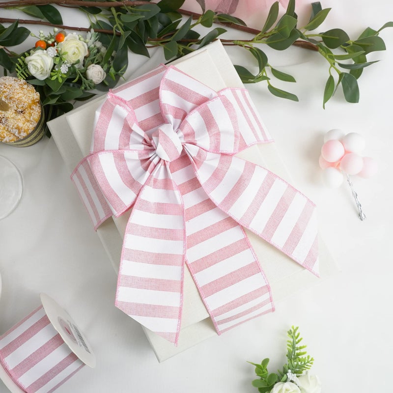 MEEDEE Pink Striped Burlap Ribbon - 2.5 Inch Wired Ribbon for Baby Girl Wreaths & Cakes, 10 Yards - Image 4