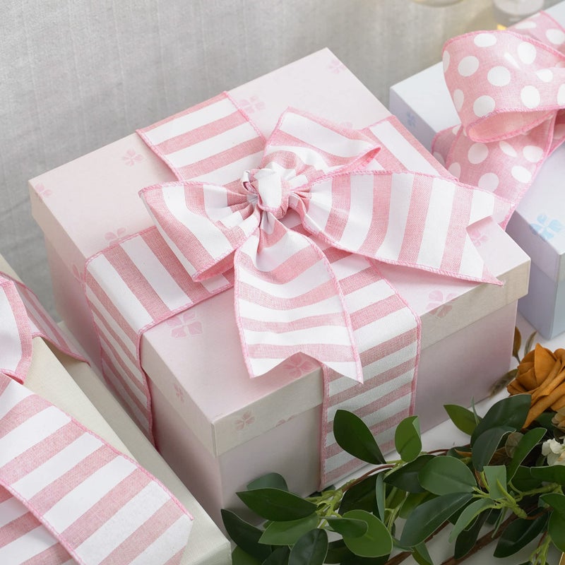 MEEDEE Pink Striped Burlap Ribbon - 2.5 Inch Wired Ribbon for Baby Girl Wreaths & Cakes, 10 Yards - Image 5