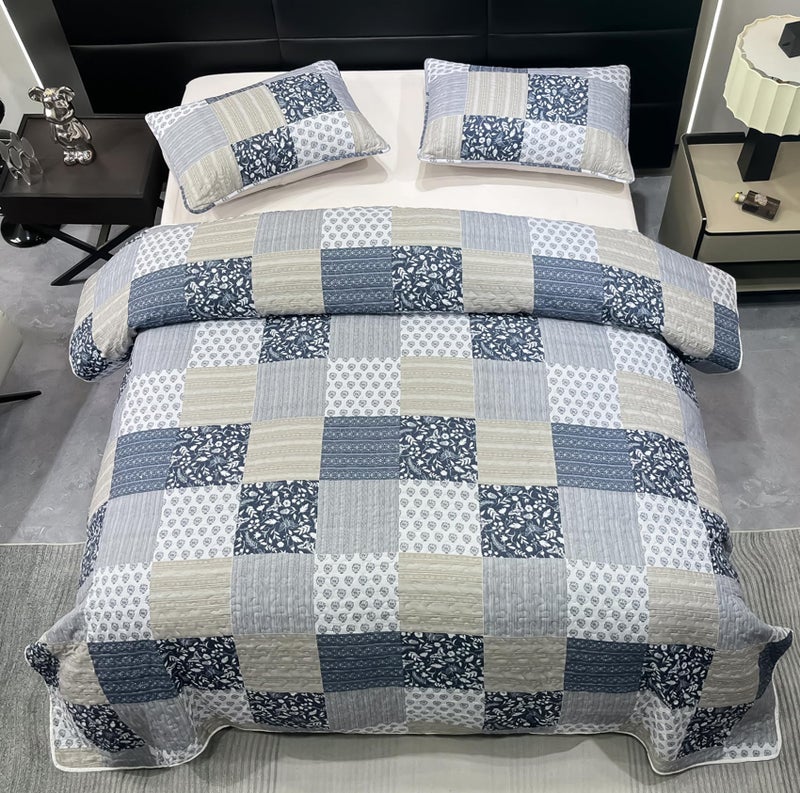 Cozyholy Navy Blue Gray Oversized King Quilt Set 128x120, 3 Piece Quilted Bedspread Set Patchwork Plaid Bedding Comforter Set Reversible Lightweight Microfiber Bed Spread Coverlet Set for All Seasons - Image 2