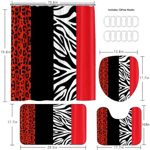 jieprom 4PCS Leopard Print Shower Curtain Set with Rug, Toilet Lid Cover and Bath Mat,Red Black Splice Shower Curtain with 12 Hooks, Complete Bathroom Accessories Decor Set - Image 5
