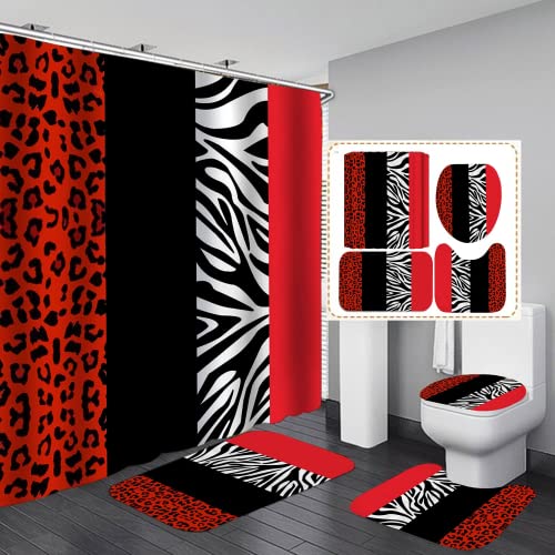 jieprom 4PCS Leopard Print Shower Curtain Set with Rug, Toilet Lid Cover and Bath Mat,Red Black Splice Shower Curtain with 12 Hooks, Complete Bathroom Accessories Decor Set - Image 1