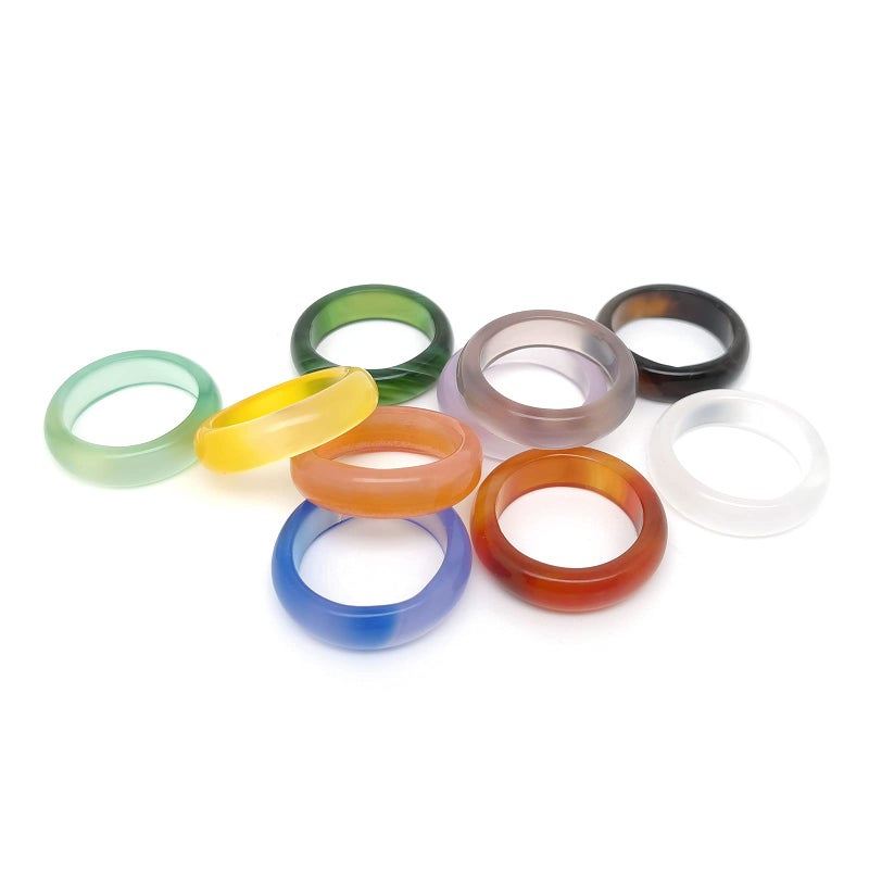 Morchic 10Pcs Colorful Agate Band Rings for Women, Smooth Assorted Size Mulit Color 6mm Thick - Image 1