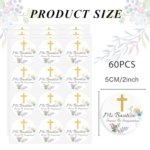 GSCWLD 60PCS Mi Bautizo Baptism Stickers,2" Round Warm Floral Theme Gracias Por Acompañarnos Favor Stickers for Baptism First Communion Party Decor - Image 2