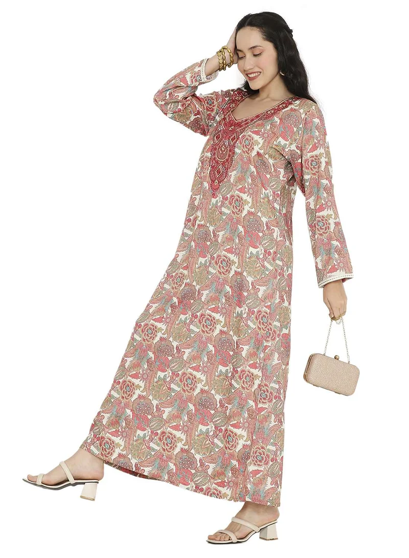 هانا آند سارا MULTICOLOUR ELEGANT FLORAL PRINTED FARASHA JALABIYA WITH UNIQUE THREAD EMBROIDERY
