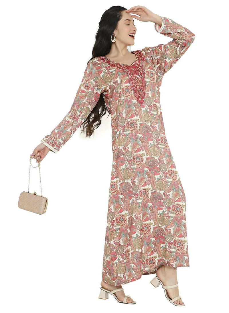 هانا آند سارا MULTICOLOUR ELEGANT FLORAL PRINTED FARASHA JALABIYA WITH UNIQUE THREAD EMBROIDERY