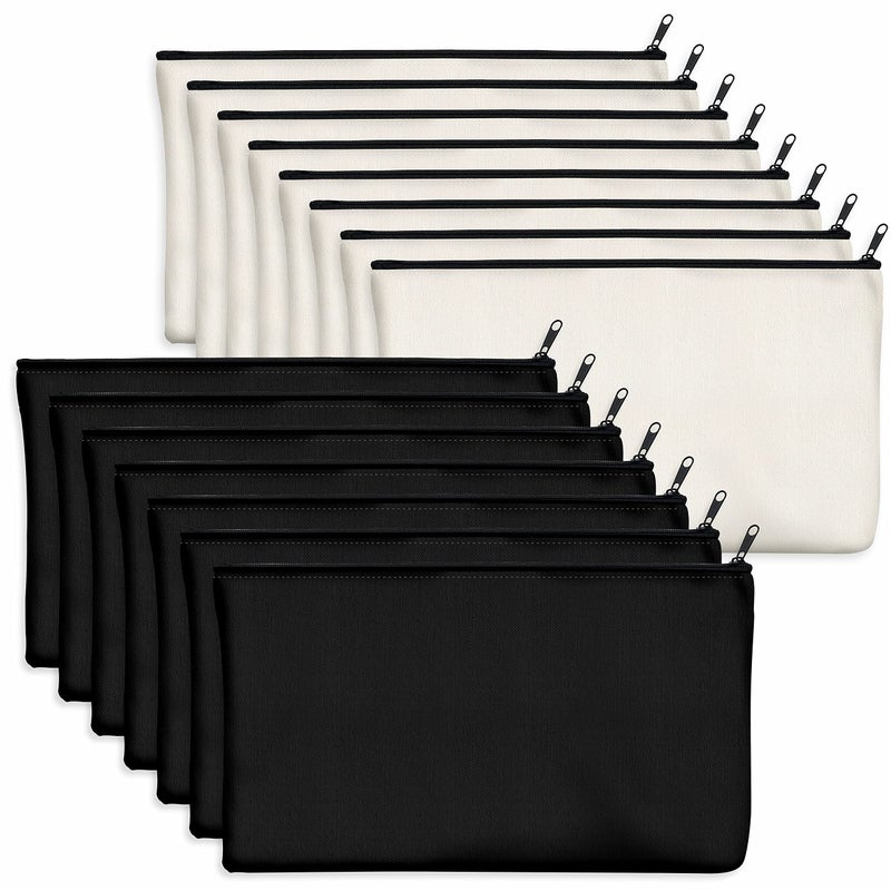 15 Pack Blank Cotton Canvas DIY Craft Zipper Bags Pouches Pencil Case for Makeup Cosmetic Toiletry Stationary Storage Beige  Black 83 x 47