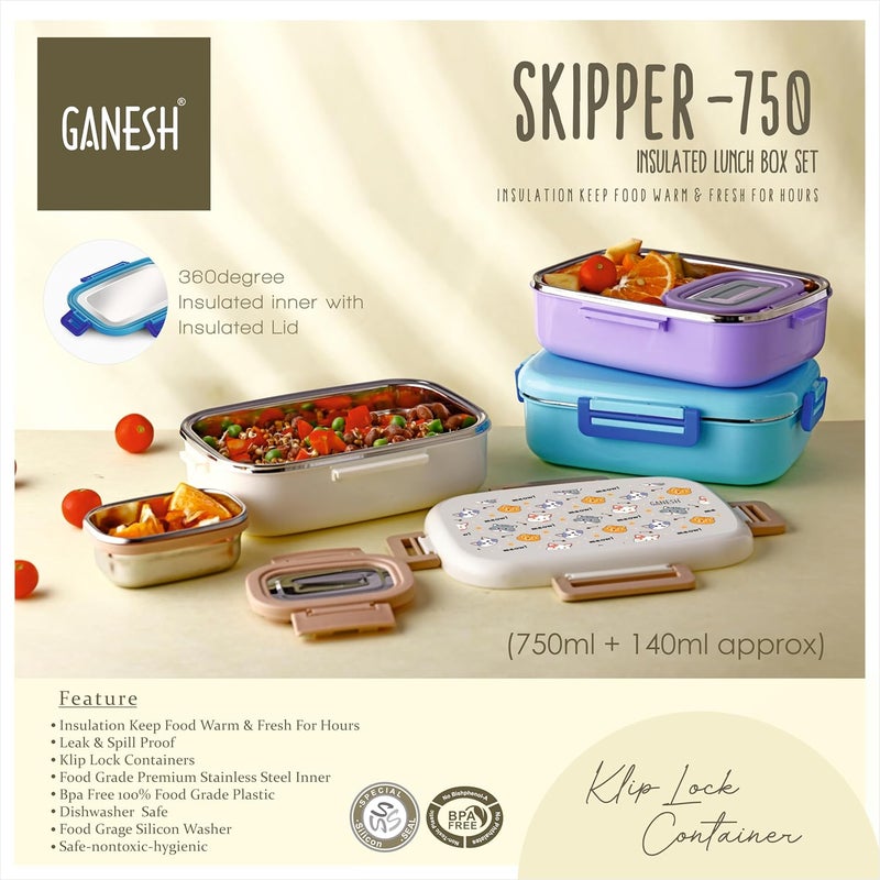 GANESH Skipper Insulated Airtight Leak-Proof Lunch Box for Office, School, Picnic - 750 ml - Cream - Image 5
