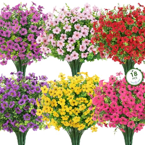 Roberly Artificial Flowers for Outdoors, UV Resistant Silk Fake Daisy Flowers with Eucalyptus Greenery Stems Faux Plastic Plants for Spring Summer Patio Garden Home Decor, 18 Bundles, Mixed Color - Image 1