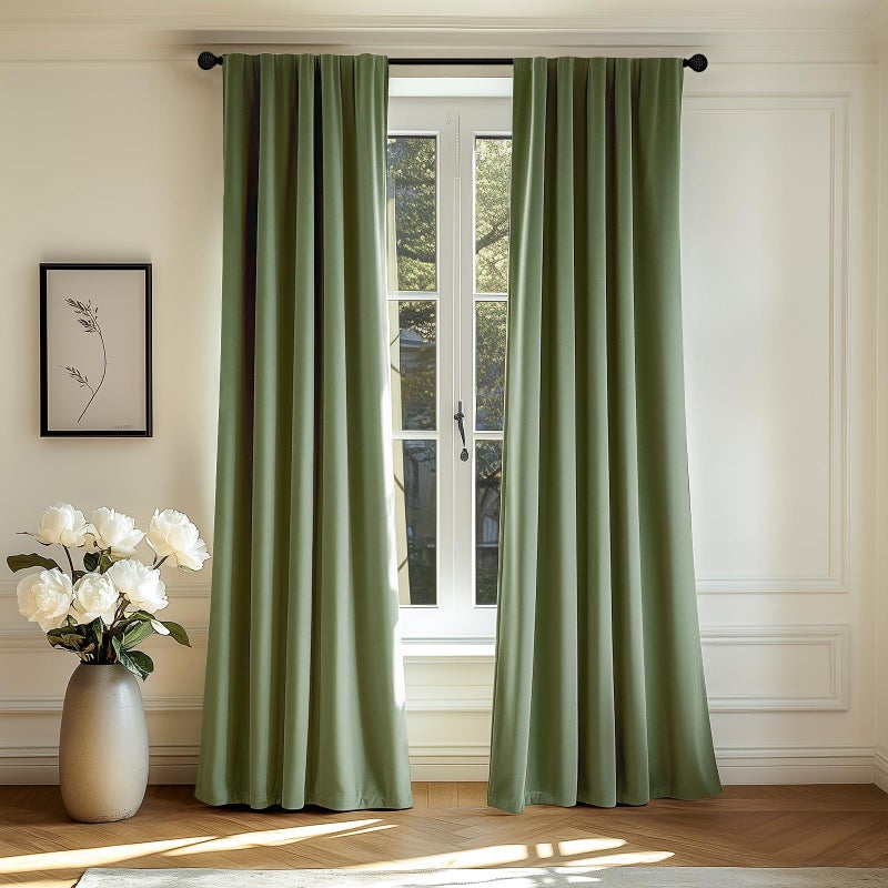 Lazzzy Green Velvet Blackout Curtain Thermal Insulated Curtain 108 Inch Extra Long Curtain Bedroom Living Room Drapes Soft Luxury Velvet Curtain Rod Pocket 1 Panel Sage Green LZRBRP152108C69